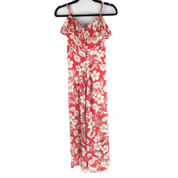 As U Wish Maxi Dress Slit Floral Sleeveless Ruffle Keyhole Back Orange XS - Picture 1 of 4